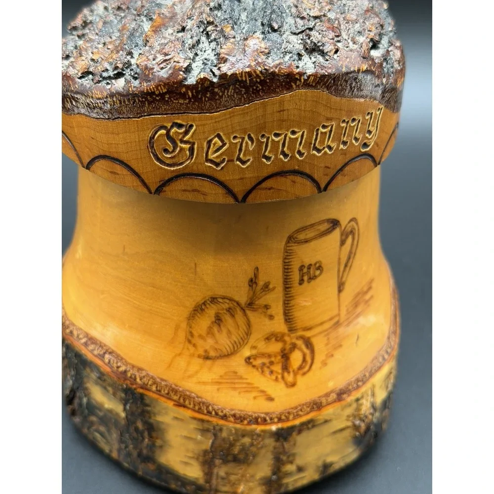 Vintage German Wooden Beer Stein Style Lidded Trinket Box Bark Rustic Bavaria